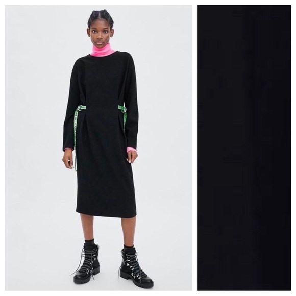 NWT Black Midi Dress with Green Buckle Strap. Size M. - Picture 1 of 9